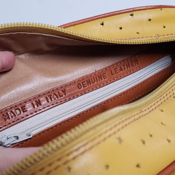 Leather VINTAGE ITALIAN Bag 80s Retro Crossbody Boxy Mustard Yellow Tan Brown - Picture 6 of 16